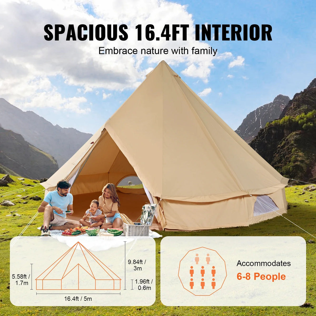 Canvas Bell Tent 4 Seasons 3/4/5/6/7m Yurt Tent Canvas Tent for Camping with Stove Breathable Tent Holds up to 8 People