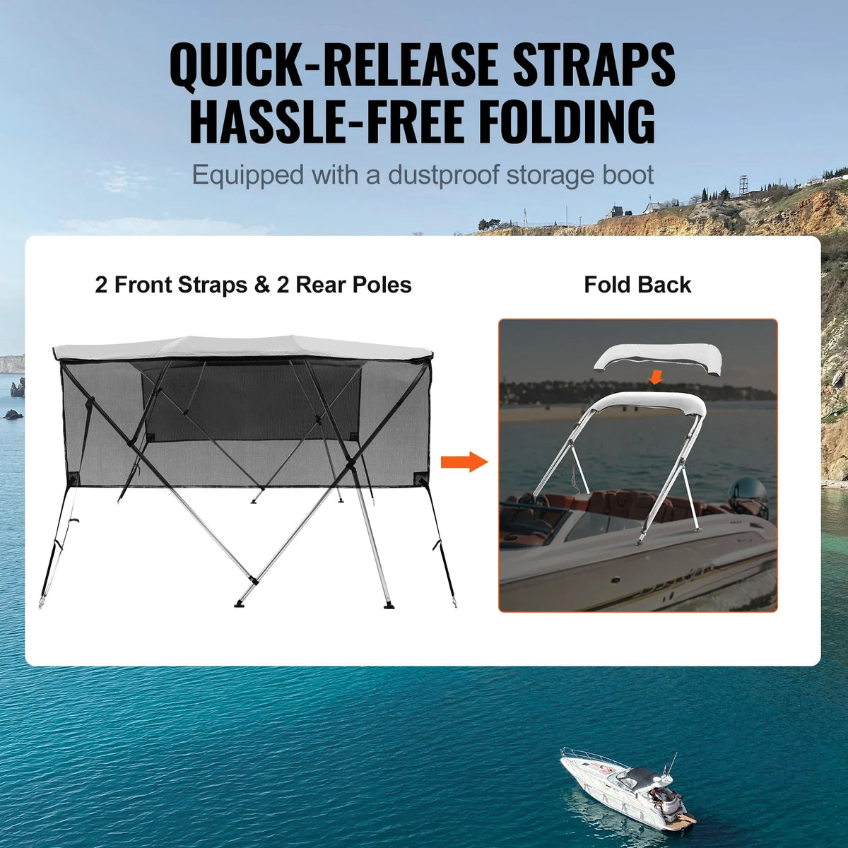 4 Bow Bimini Top Boat Cover Detachable Mesh Sidewalls 600D Polyester Canopy with Aluminum Alloy Frame Include Storage Boot