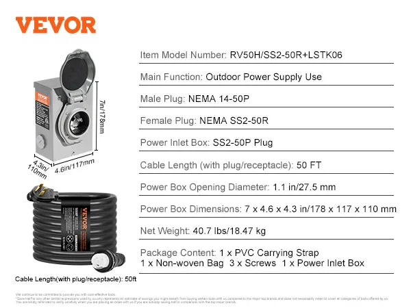 50Amp Generator Cord & Power Inlet Box Kit NEMA 14-50P/SS2-50R STW 6/3+8/1 AWG Power Cord with Twist Lock Connector for RV