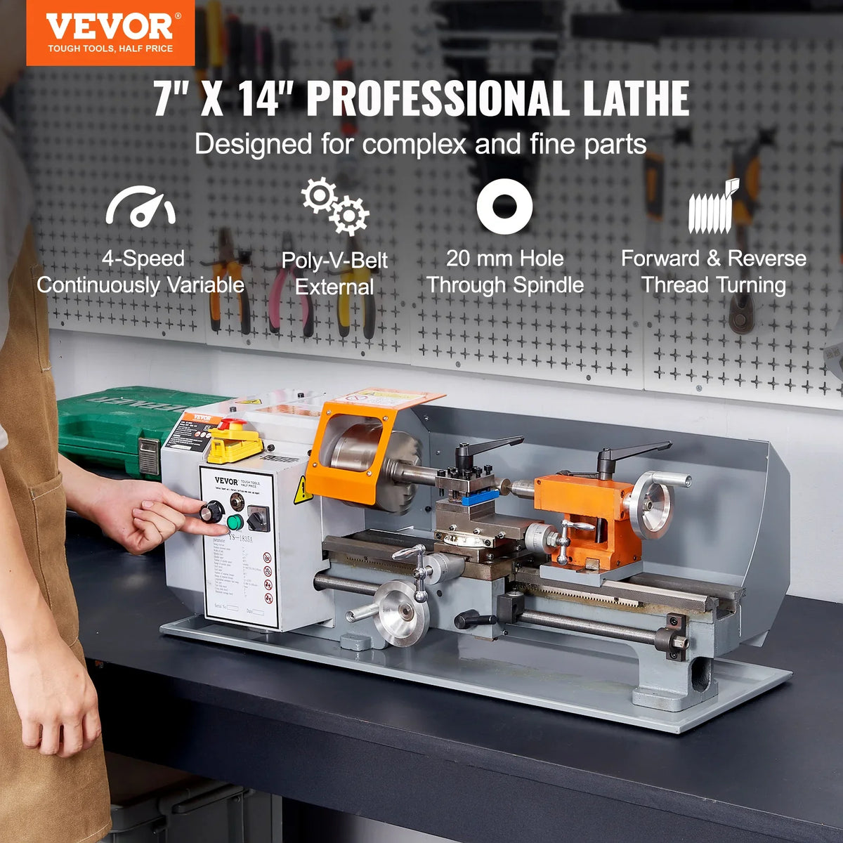 Metal Lathe Machine 7'' x 13.78'' 0-2200 RPM Continuously Variable Speed 500W with Tool Box for Processing Precision Parts