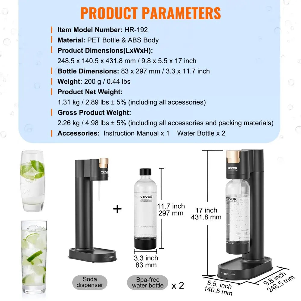 Sparkling Water Maker Soda Maker Machine for Home Carbonating Seltzer Water Starter Kit with BPA free 1L PET Bottle