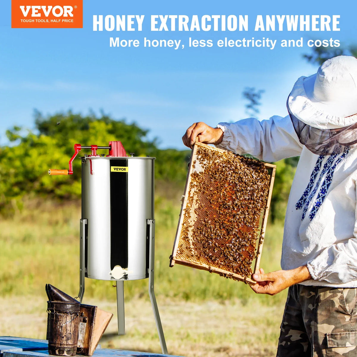 Manual Honey Extractor 3 Frames Honey Spinner Extractor Stainless Steel Beekeeping Extraction with Height Adjustable Stand