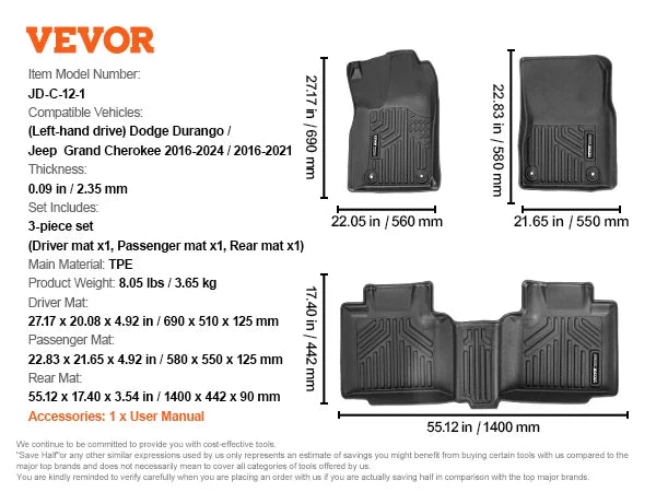 Automotive Floor Mats, Fits for Dodge Durango / Jeep Grand Cherokee 2016-2024 / 2016-2021, 3 pcs Front and 2nd Row Liners
