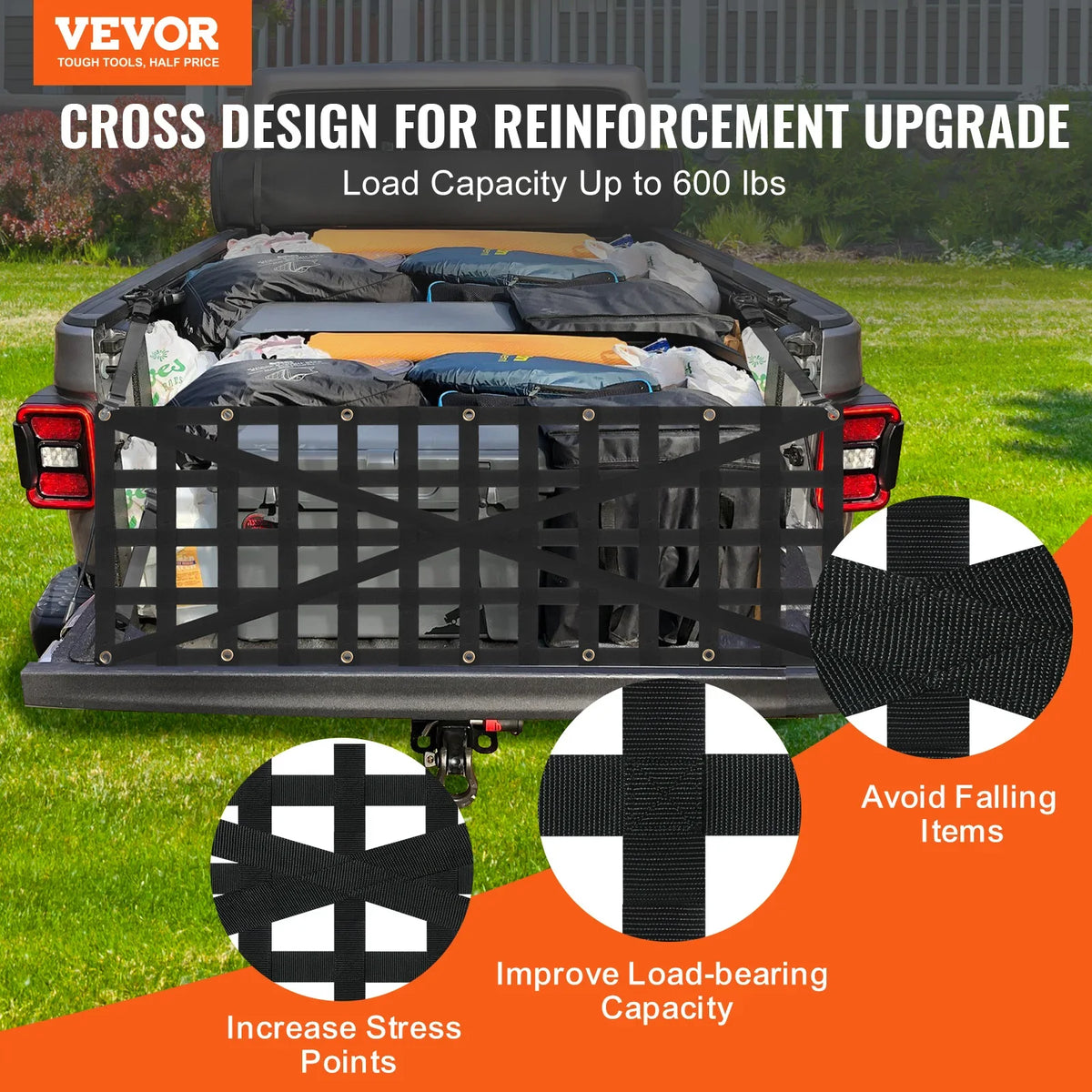 Universal Car Rear Trunk Net Mesh Elastic Tailgate Net with 4 Telescopic Straps Cargo Storage Organizer for Pickup Trailer