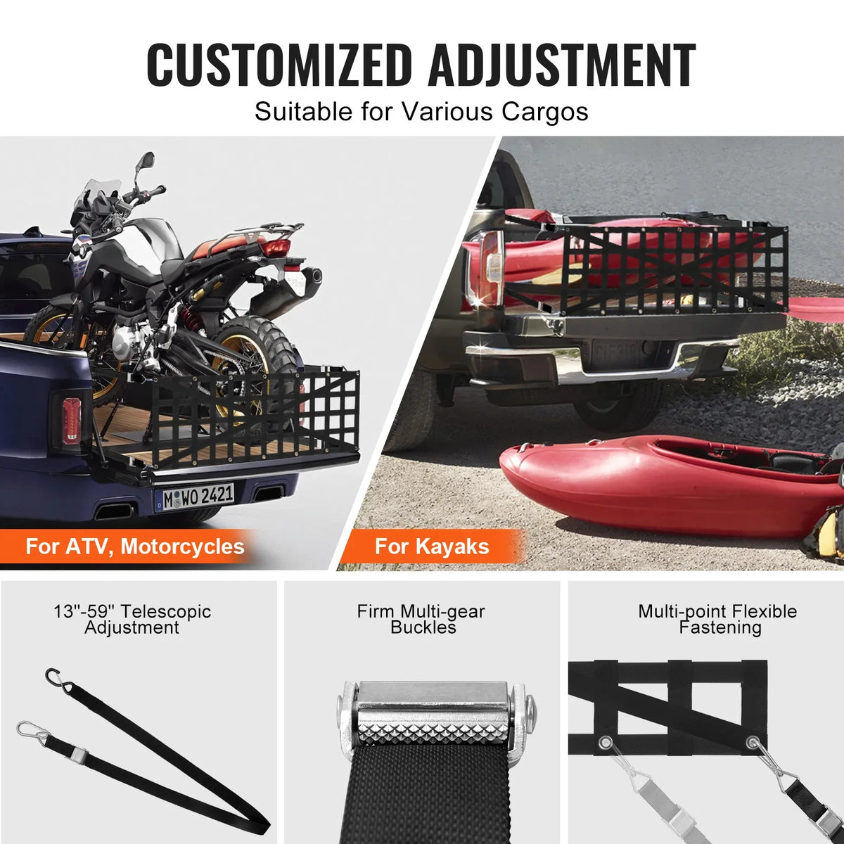 Universal Car Rear Trunk Net Mesh Elastic Tailgate Net with 4 Telescopic Straps Cargo Storage Organizer for Pickup Trailer