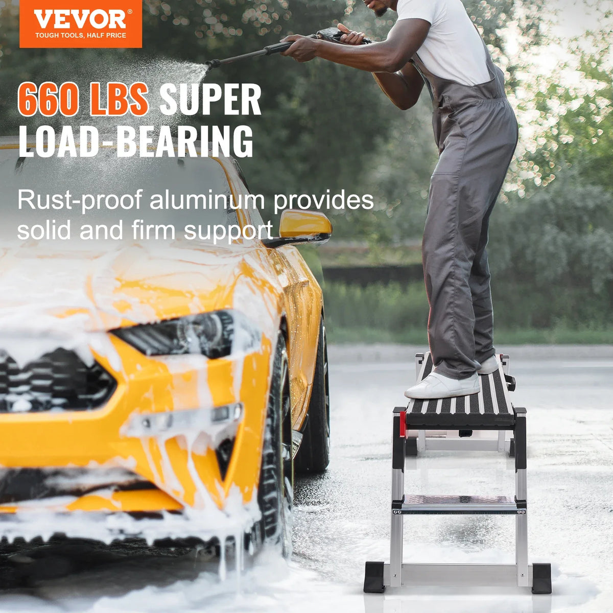 Folding Work Platform 660 lbs Load Capacity Aluminum Drywall Stool Ladder Bench w/ Non-Slip Feet for Washing Vehicles