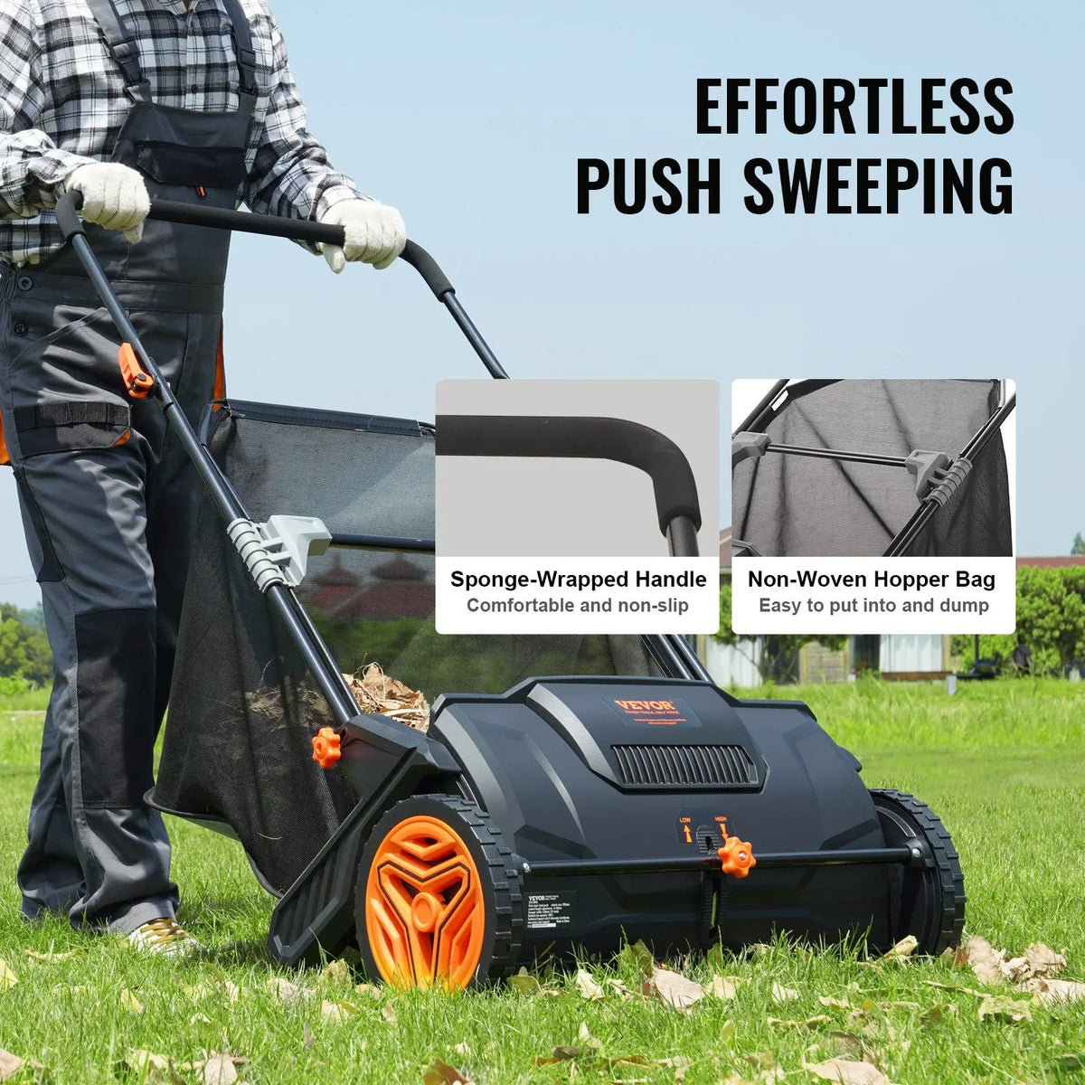 Push Lawn Sweeper, 21-inch Leaf & Grass Collector, Strong Rubber Wheels & Heavy Duty Thickened Steel Durable to Use with L