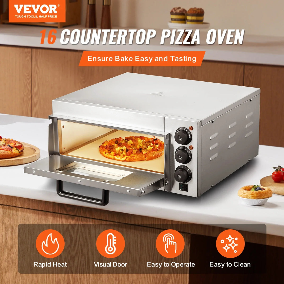 Commercial Pizza Oven Countertop Single Deck Layer Stainless Steel Electric Pizza Oven with Stone and Handle Pizza Maker