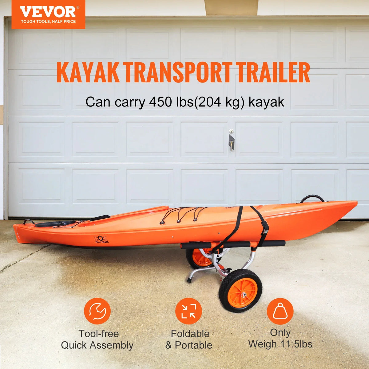 450lbs Kayak Cart Detachable Canoe Trolley Cart with 12'' Solid Tires Adjustable Width for Paddleboards Float Mats Boats