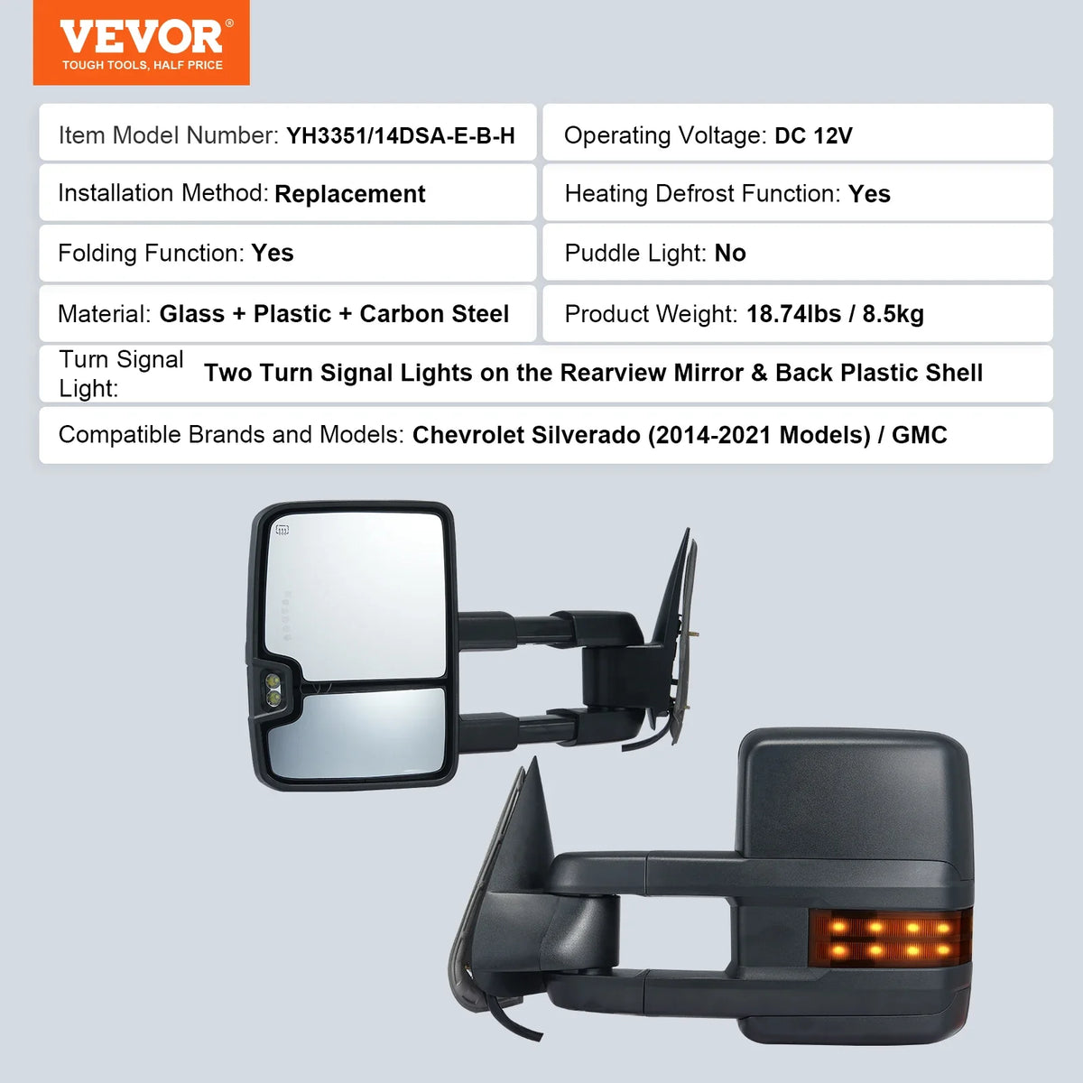 Pair Towing Mirrors Power Heated with Signal LED Driving Light Tow Mirror for Chevrolet Silverado (2003-2021)/GMC/Cadillac