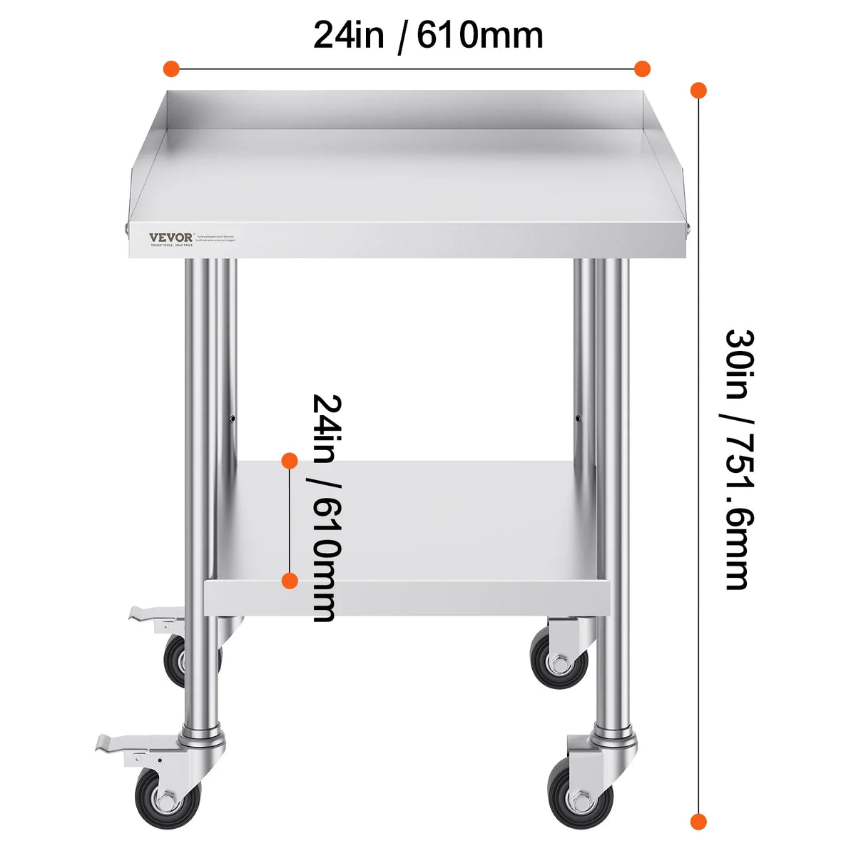 Stainless Steel Work Table Commercial Food Prep Worktable w/ 4 Wheels Heavy Duty Prep Worktable for Restaurant Home Hotel