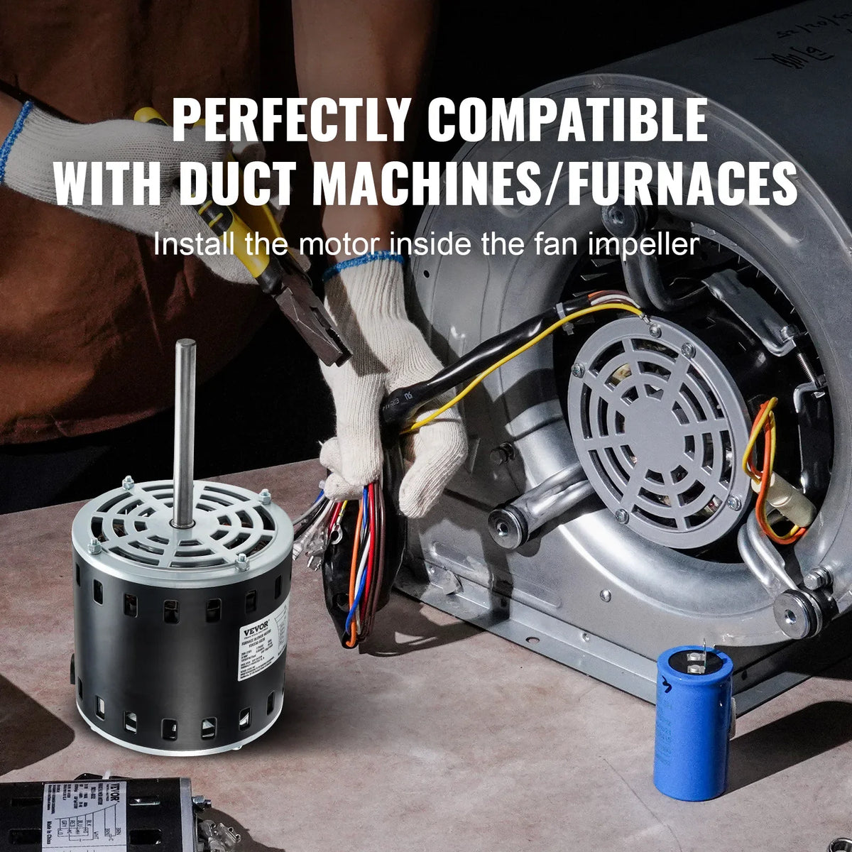 Furnace Blower Motor 208-230V/110-120V 1075RPM 5 Speeds CW/CCW Rotation 48 Frame Single-Phase Motor Capacitor Hold Hoop