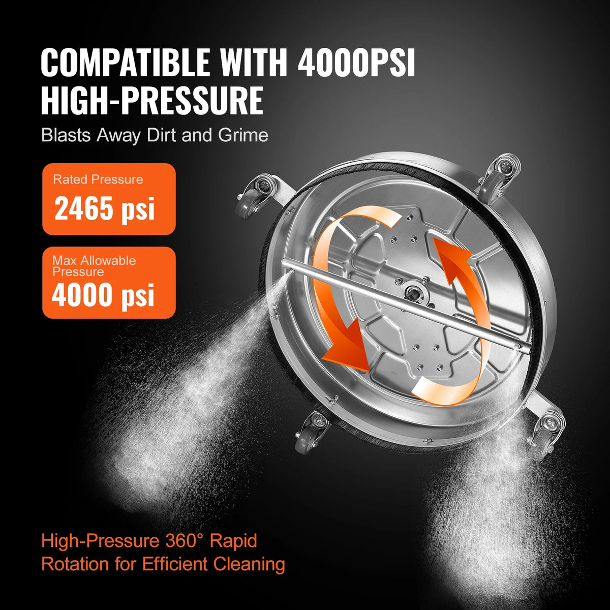 15/18/20/24" Pressure Washer Surface Cleaner w/ Handles & Wheels Stainless Steel Concrete Cleaner 4000 Max PSI for Garden