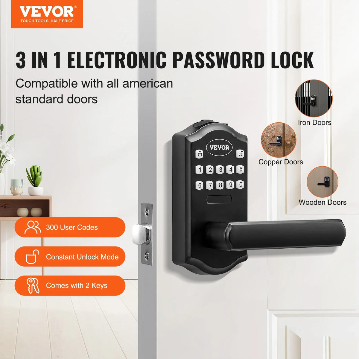 Keyless Entry Door Lock Password and Key Unlock Combination Door Lock Electronic Keypad Entry Lever Auto-Locking Keypad