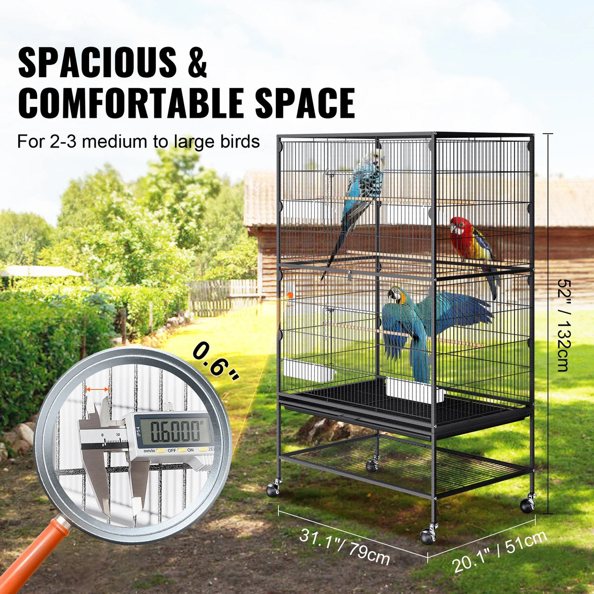 52/54 inch Standing Large Flight Bird Cage Carbon Steel Parakeets Cages with Rolling Stand and Tray for Cockatiels Parrots