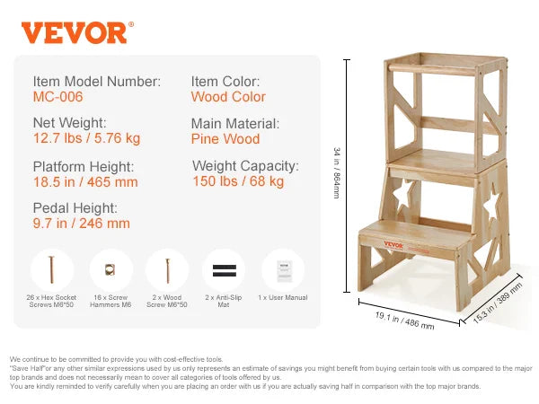 Toddler Step Stool Natural Pine Wood Kids Standing Learning Tool for Bedroom Bathroom Kitchen Counter White/Wood/Gray