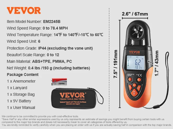 Handheld Anemometer 14℉-113℉ / 14℉-140℉ Digital Wind Speed Meter Gauge with LED Backlight Screen, Measures Wind Velocity