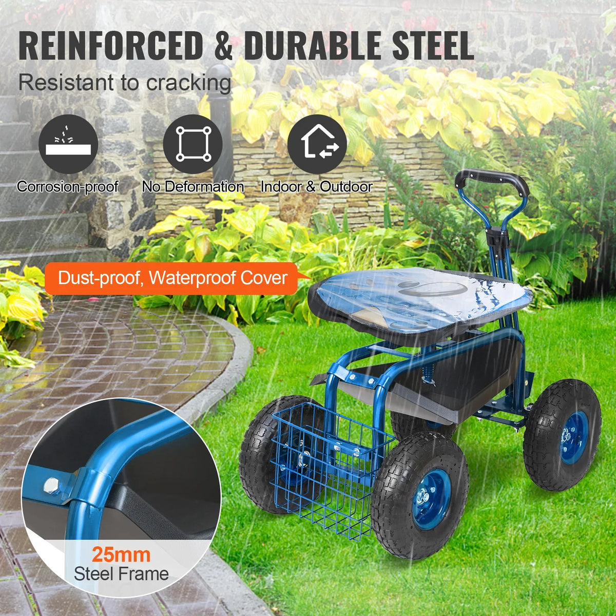 Garden Cart Rolling Workseat with Wheels Gardening Stool for Planting 360 Degree Swivel Seat Wagon Scooter with Steering