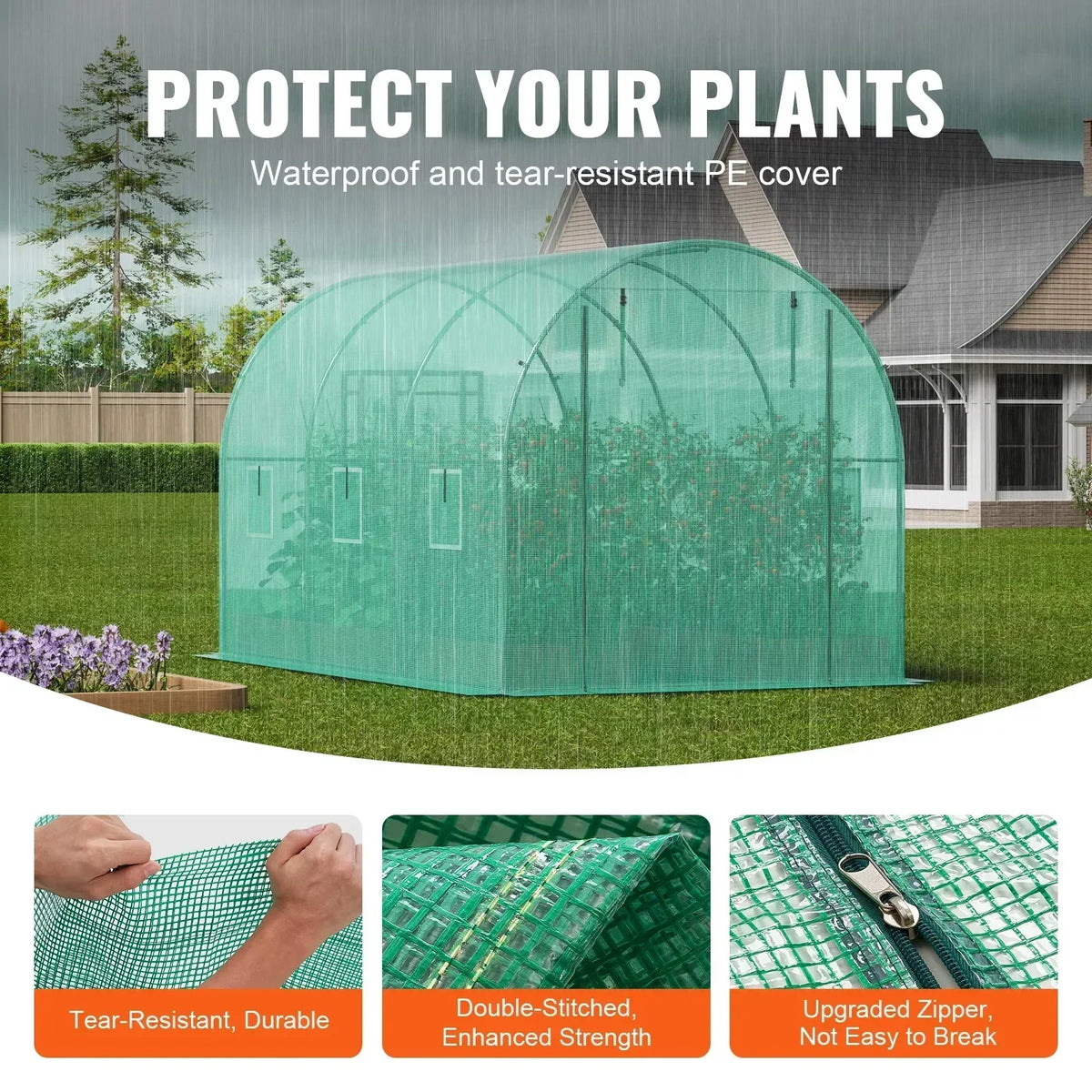 Walk-in Tunnel Greenhouse Hoop House Greenhouse Tunnel Plant Hot House with Steel Frame Green PE Cover Roll-up Zipper Door