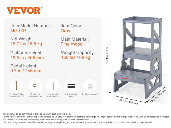 Toddler Step Stool Natural Pine Wood Kids Standing Learning Tool for Bedroom Bathroom Kitchen Counter White/Wood/Gray