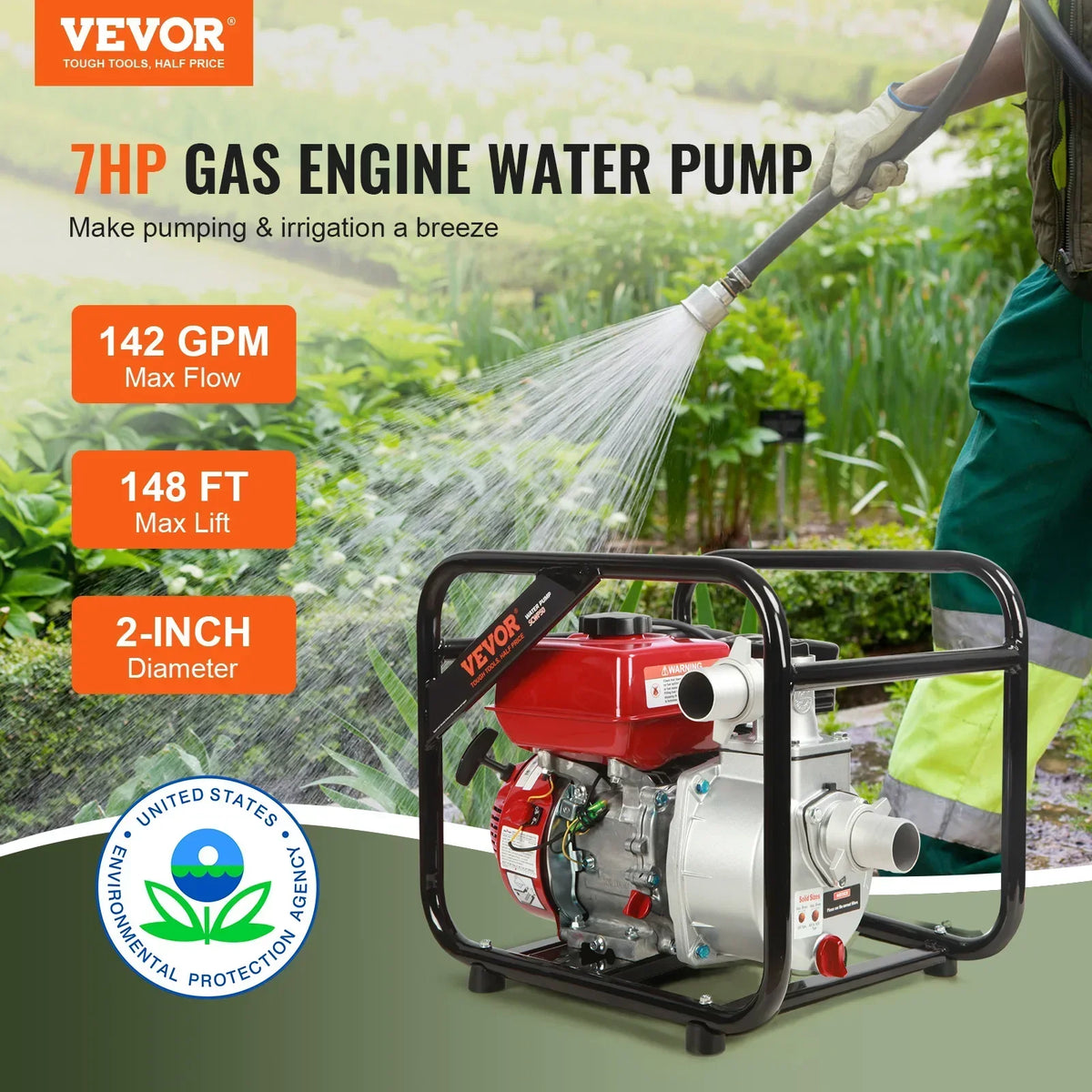 Gasoline Engine Water Pump 7HP 142/265 GPM 22ft Suction 4-Stroke Gas Powered Trash Water Transfer Pump for Irrigation Pool