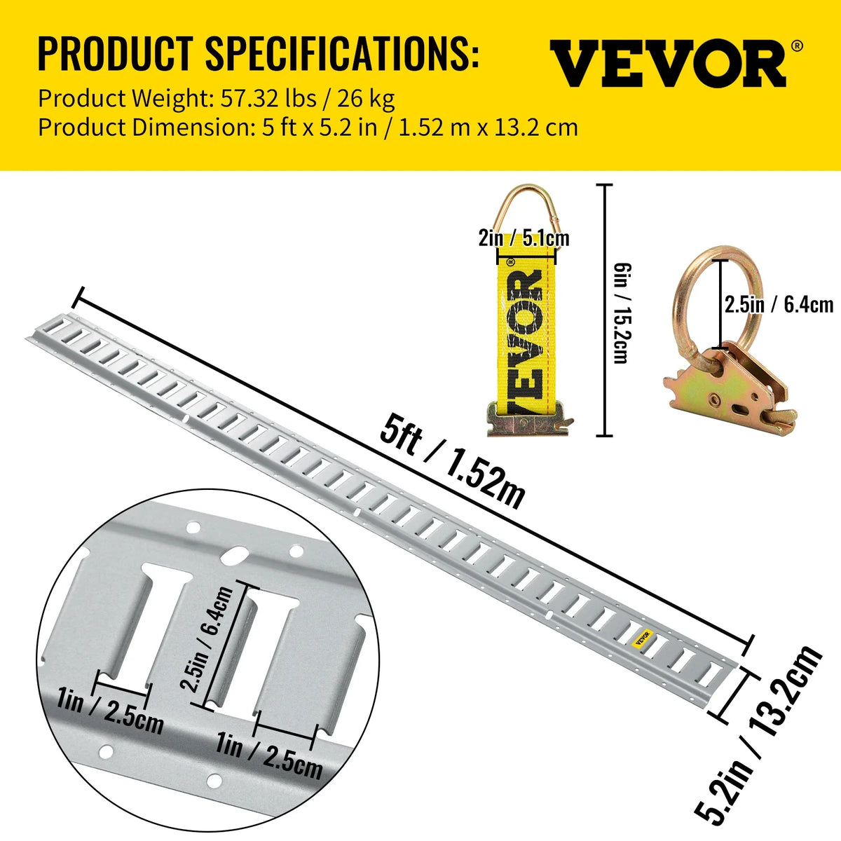 E Track Tie-Down Rail Kit, 34PCS 5FT E-Tracks Set Includes 8 Steel Rails & 2 Single Slot & 8 O Rings & 8 Tie-Offs & 8 Caps