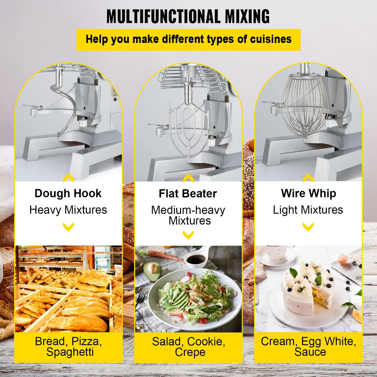 Commercial Food Mixer 10Qt 450W 3 Speeds Adjustable 110/178/390 RPM Heavy Duty 110V Stainless Steel Whisk Beater Premium
