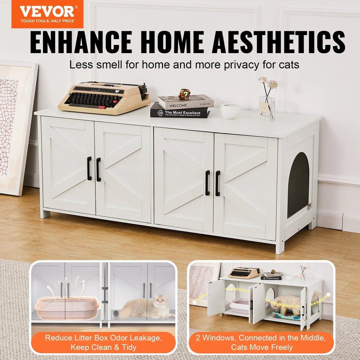 Cat Litter Box Enclosure for 2 Cats Litter Box Furniture Hidden Wooden Cat Box Cabinet Fit Most of Litter Box White 19.4kg