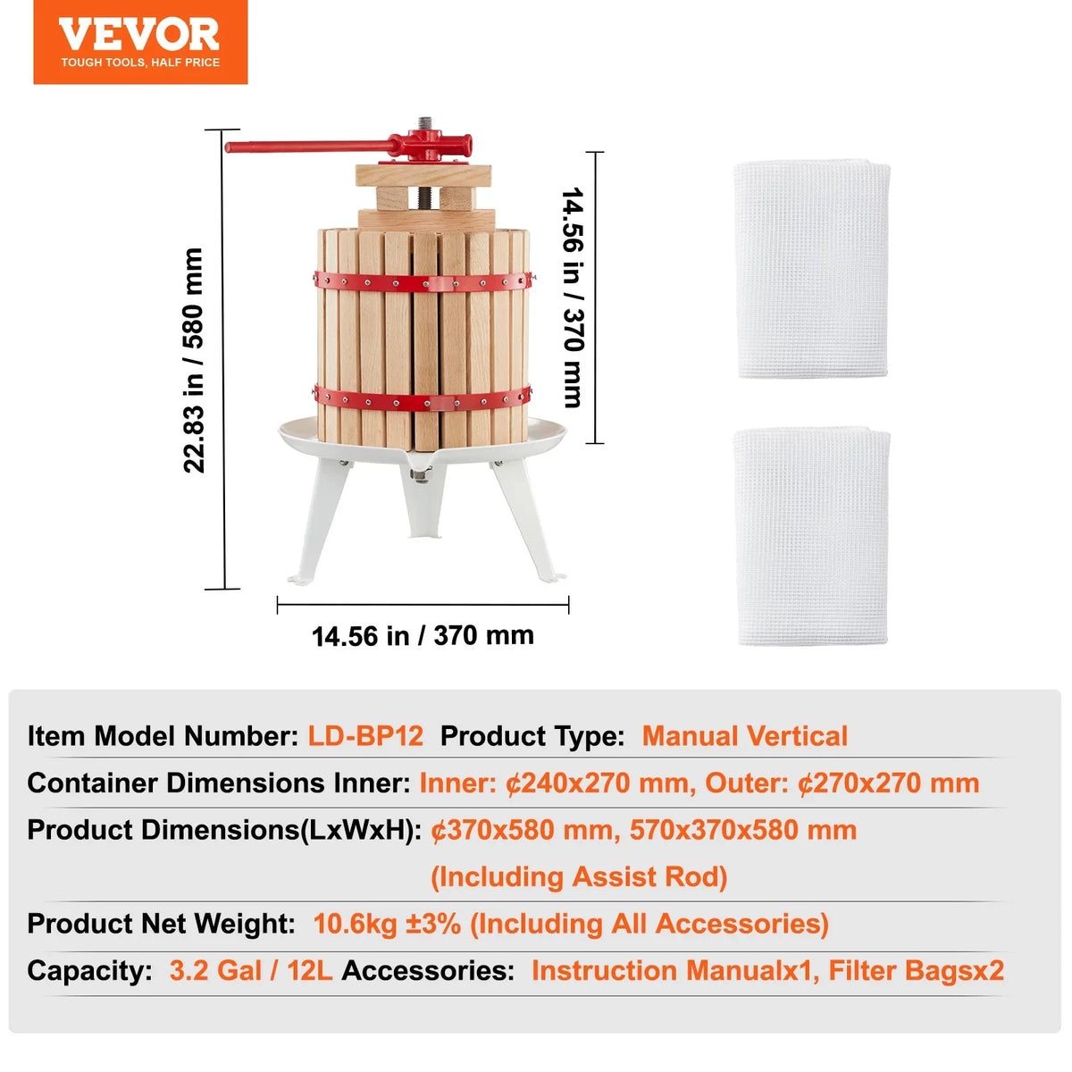 Fruit Wine Press 0.8 Gal/3L Heavy Manual Cider Apple Grape Tincture Vegetables Honey Olive Oil for Outdoor Kitchen Home