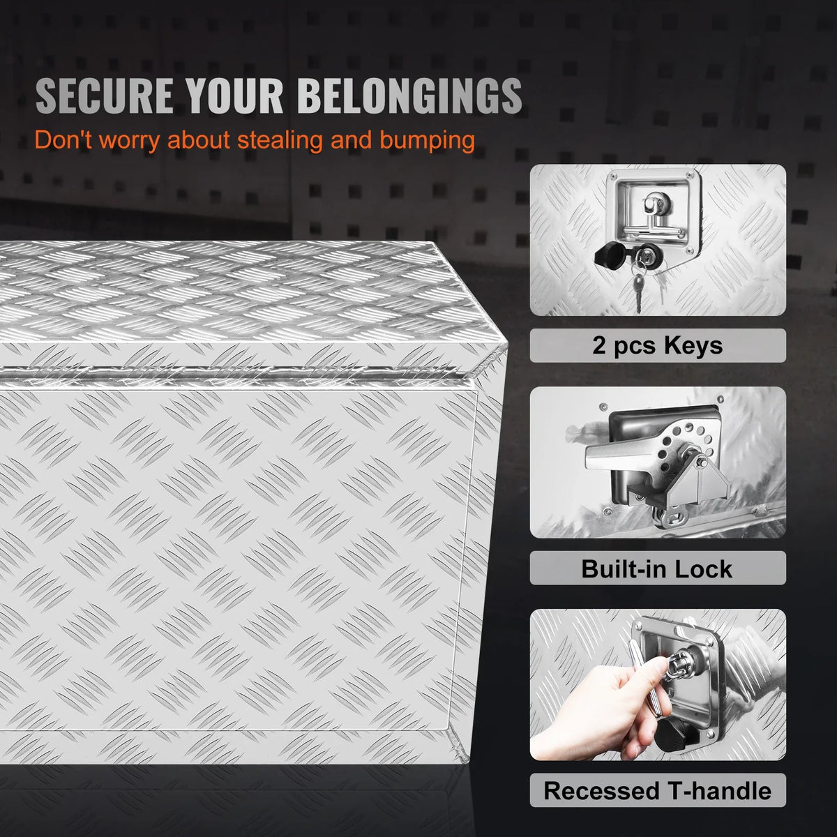 Pickup Storage Box, Heavy Duty Aluminum Diamond Plate Tool Box with Lock and Keys,  for Truck, Van, Trailer