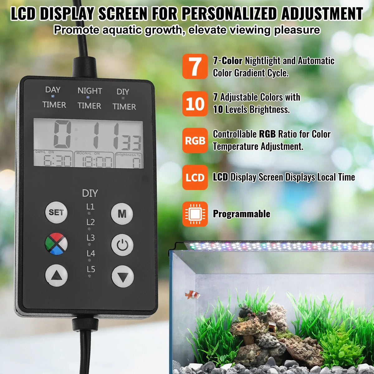 Aquarium Light with LCD Monitor 22W Adjustable Brightness - Aluminum Alloy Shell Extendable Brackets for 24"-30" Freshwate