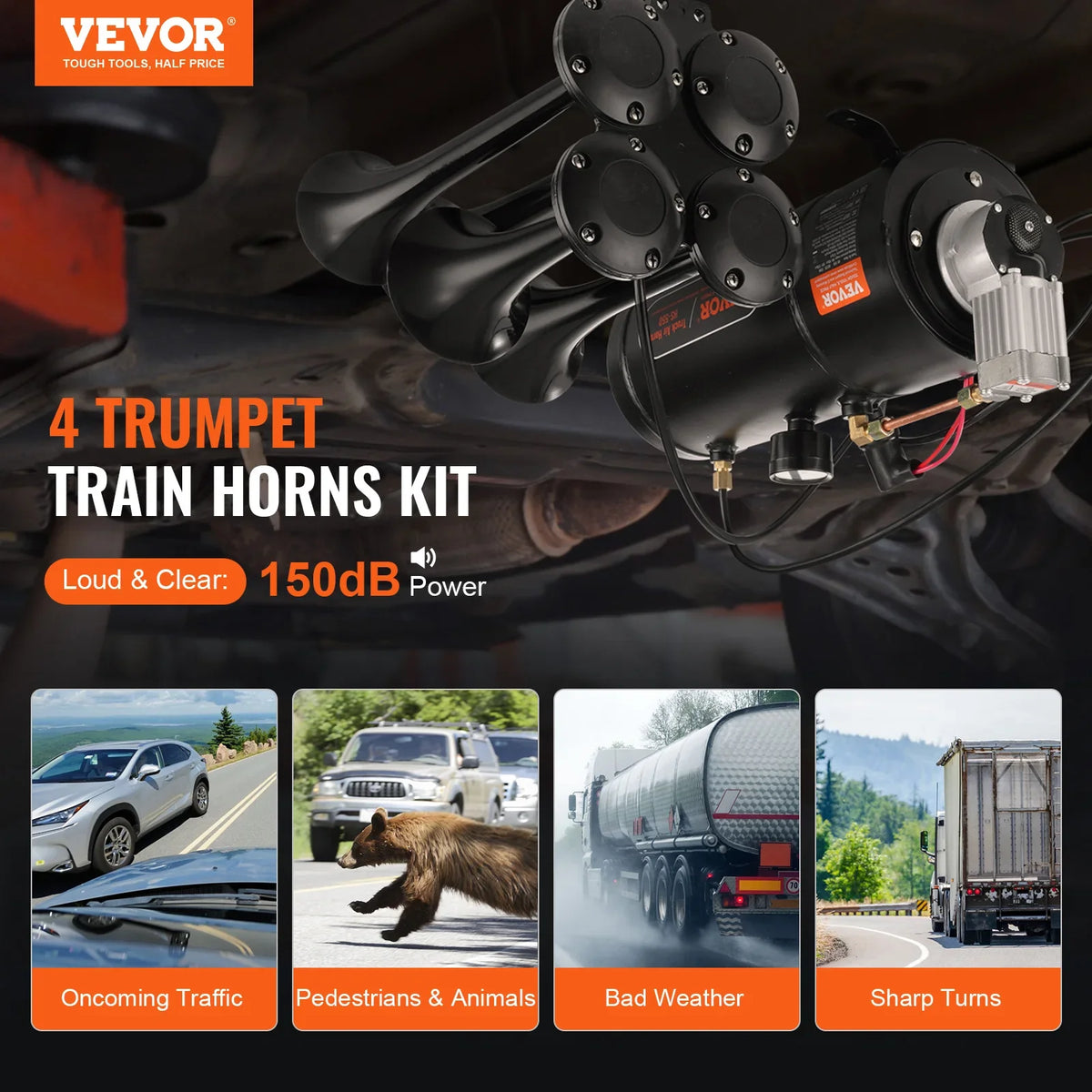 Train Horns Kit, 4 Trumpet Air Horn Kit, 150dB Train Horns for Pickup Trucks, 12V 120 psi Air Compressor 3 L Tank w/Gauge
