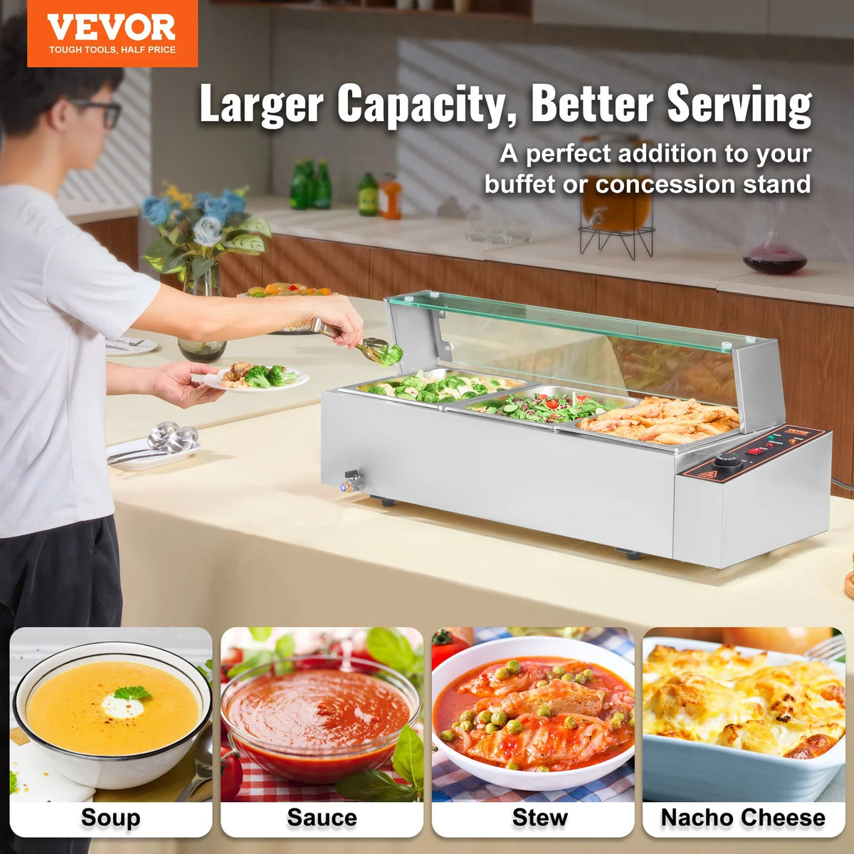 3-Pan Commercial Food Warmer,3 x 8QT Electric Steam Table w/Glass Cover,1500W Countertop Stainless Steel Buffet Bain Marie