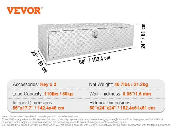 Pickup Storage Box, Heavy Duty Aluminum Diamond Plate Tool Box with Lock and Keys,  for Truck, Van, Trailer
