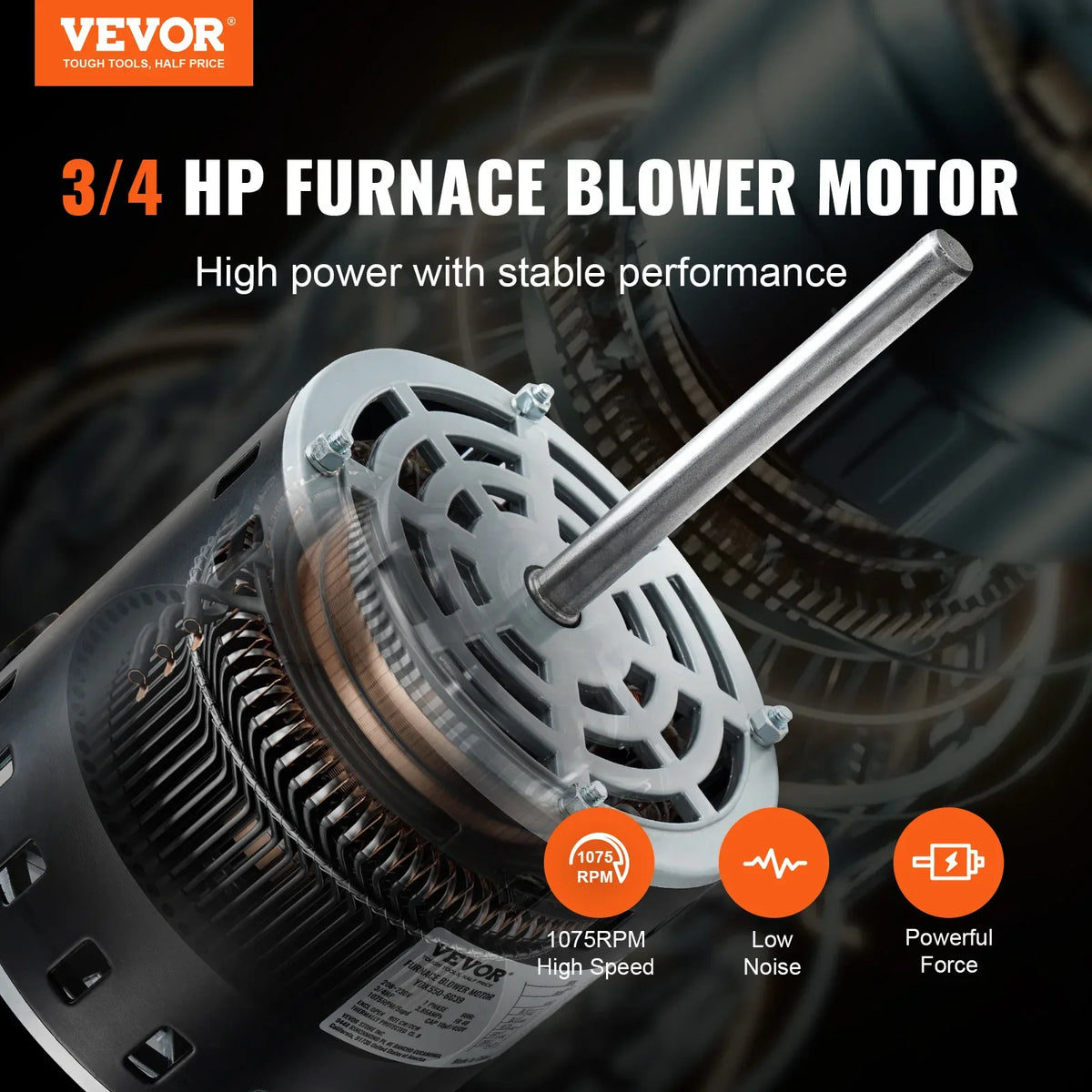 Furnace Blower Motor 208-230V/110-120V 1075RPM 5 Speeds CW/CCW Rotation 48 Frame Single-Phase Motor Capacitor Hold Hoop
