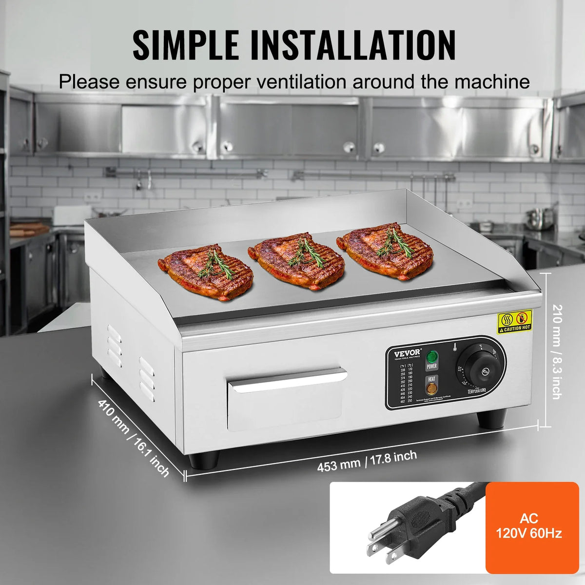 Commercial Electric Griddle 1700W Countertop Flat Top Grill 122℉-572 ℉ Adjustable Temprature Stainless Steel Griddle Grill