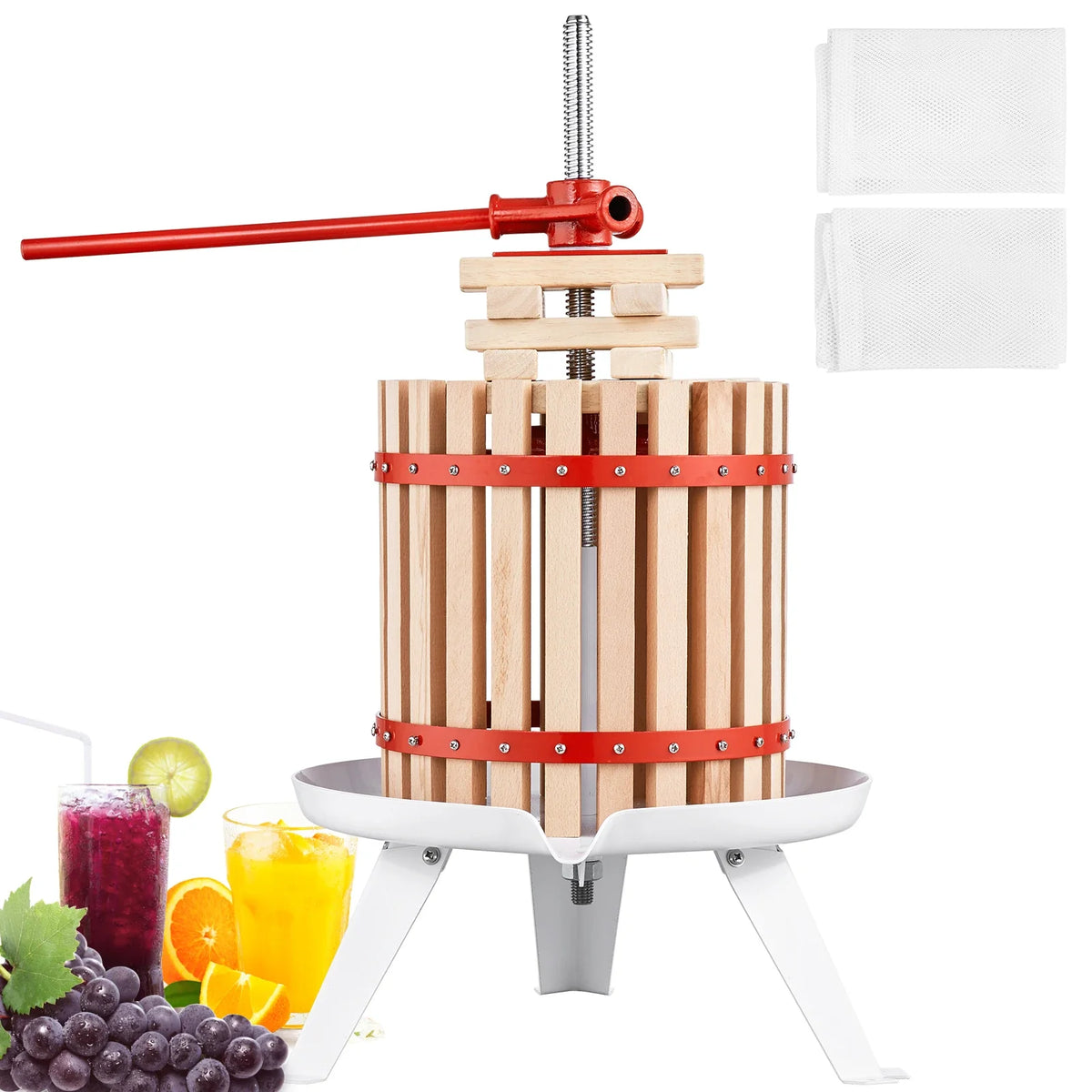 6L 12L 18L Fruit Wine Press,Solid Wood Basket,Manual Juice Maker,Apple Grape Making Press w/ Pole Handle Bar,for Kitchen