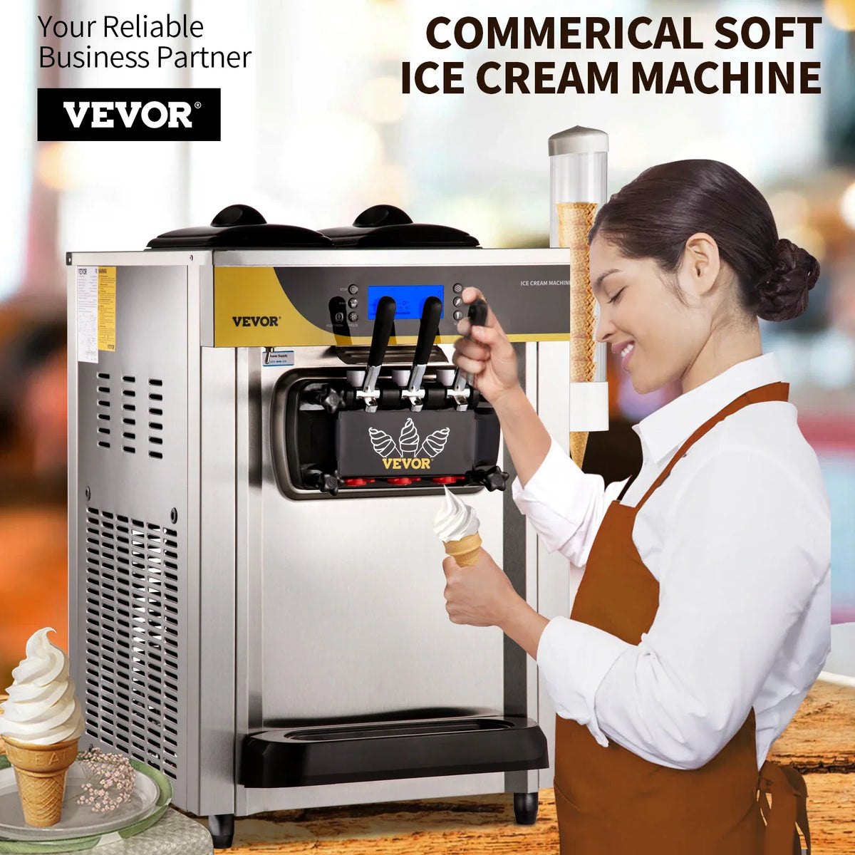 Commercial Ice Cream Maker, 22-30L/H Yield, 2200W Countertop Soft Serve Machine w/ 2x6L Hopper 2L Cylinder LCD Panel