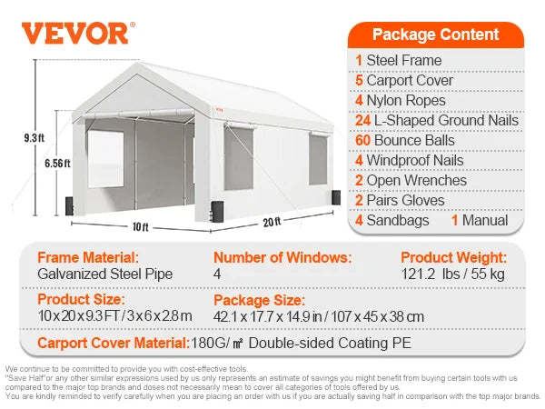 Carport 10x20ft/12x20ft Heavy Duty Car Canopy Waterproof Garage with Roll-up Ventilated Windows & Removable Sidewalls