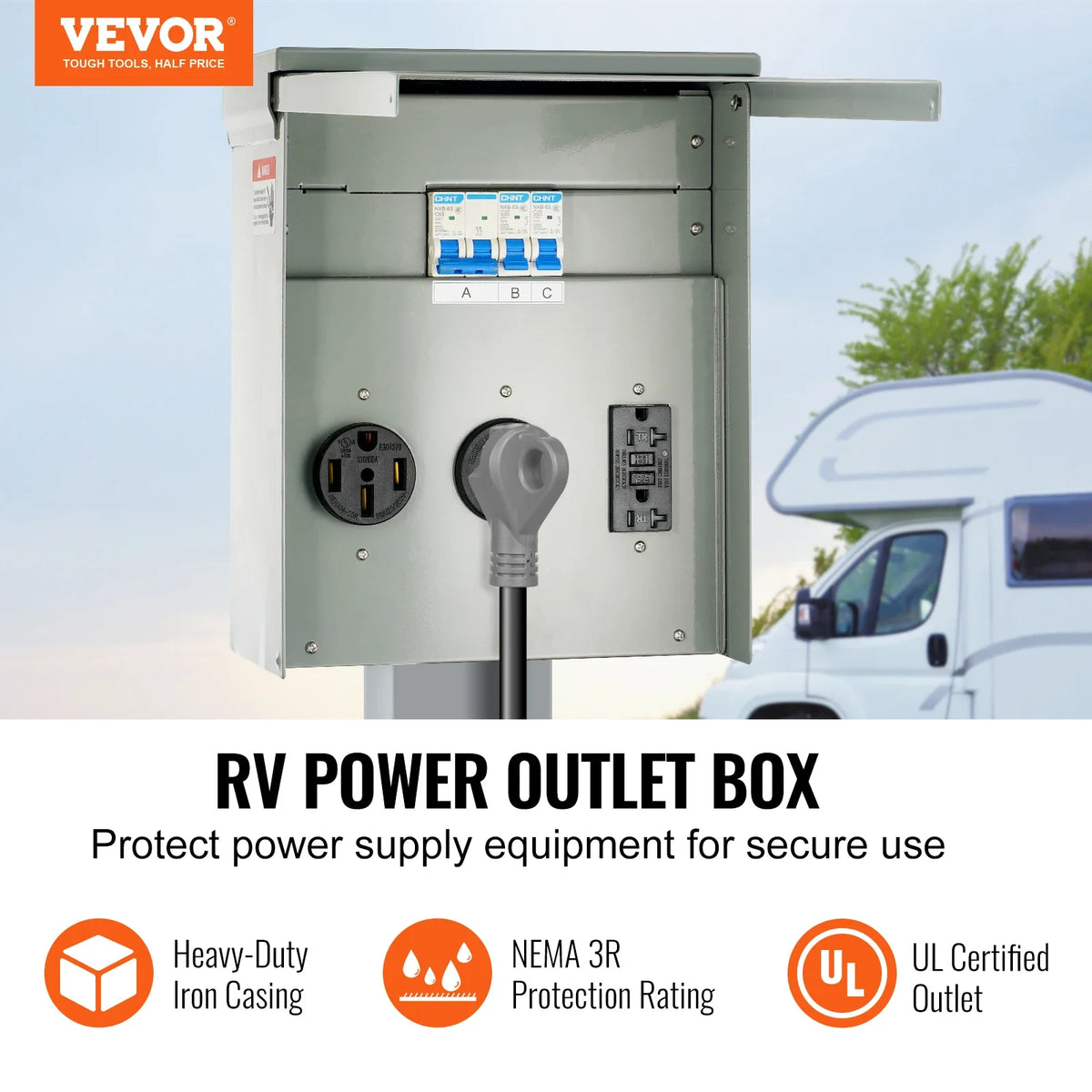 Temporary Power Outlet Panel 125/250 Volt with a 20/30/50 Amp Receptacle Installed RV Power Outlet Box for Camper, Trailer