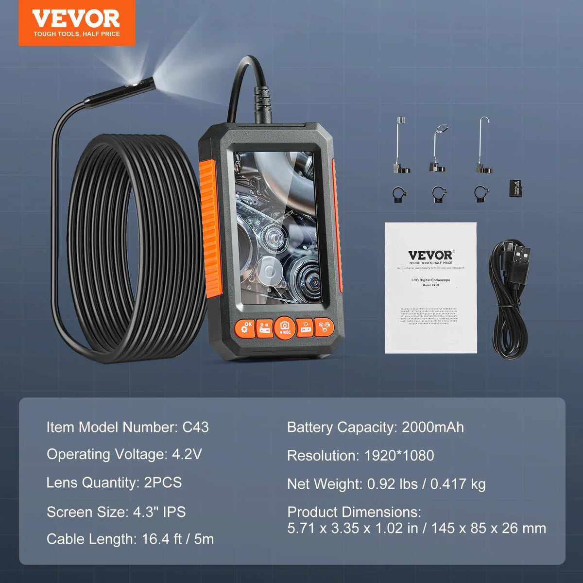 Endoscope Camera with Light Dual Lens Industrial Borescope 4.3" Screen 1080P Inspection Camera for Auto, Plumbing