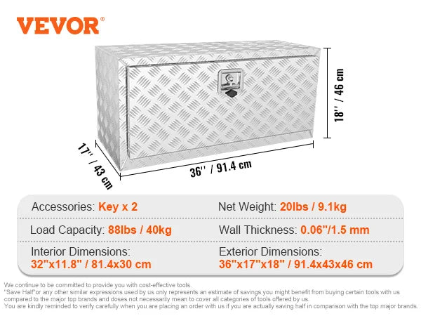Pickup Storage Box, Heavy Duty Aluminum Diamond Plate Tool Box with Lock and Keys,  for Truck, Van, Trailer