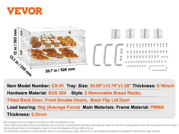 2/3 Tray Clear Pastry Display Case Acrylic Commercial Countertop Bakery Display Case with Front and Rear Door for Bread