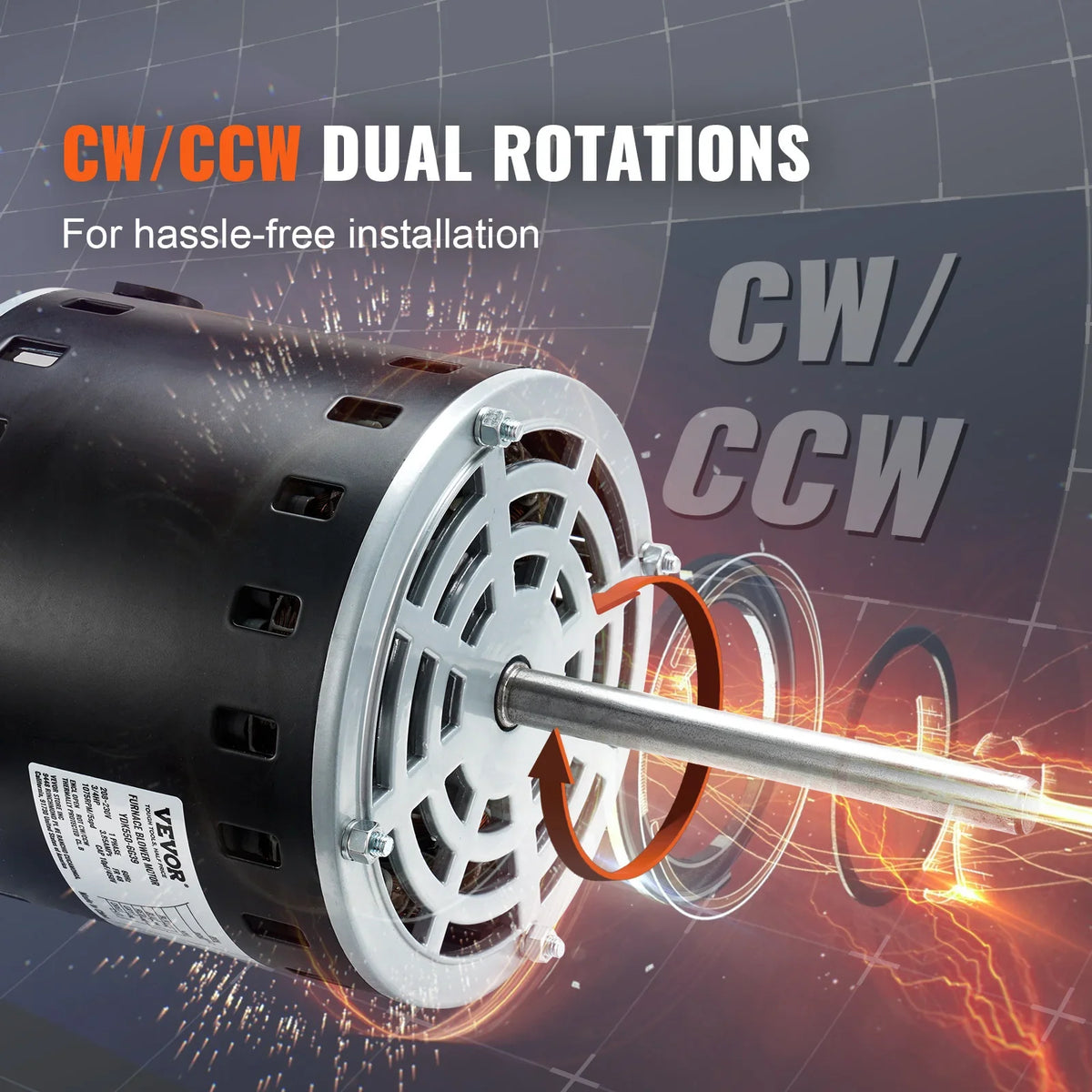 Furnace Blower Motor 208-230V/110-120V 1075RPM 5 Speeds CW/CCW Rotation 48 Frame Single-Phase Motor Capacitor Hold Hoop