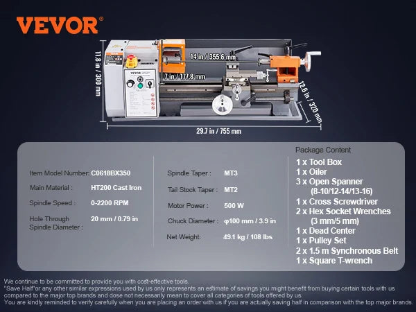 Metal Lathe Machine 7'' x 13.78'' 0-2200 RPM Continuously Variable Speed 500W with Tool Box for Processing Precision Parts