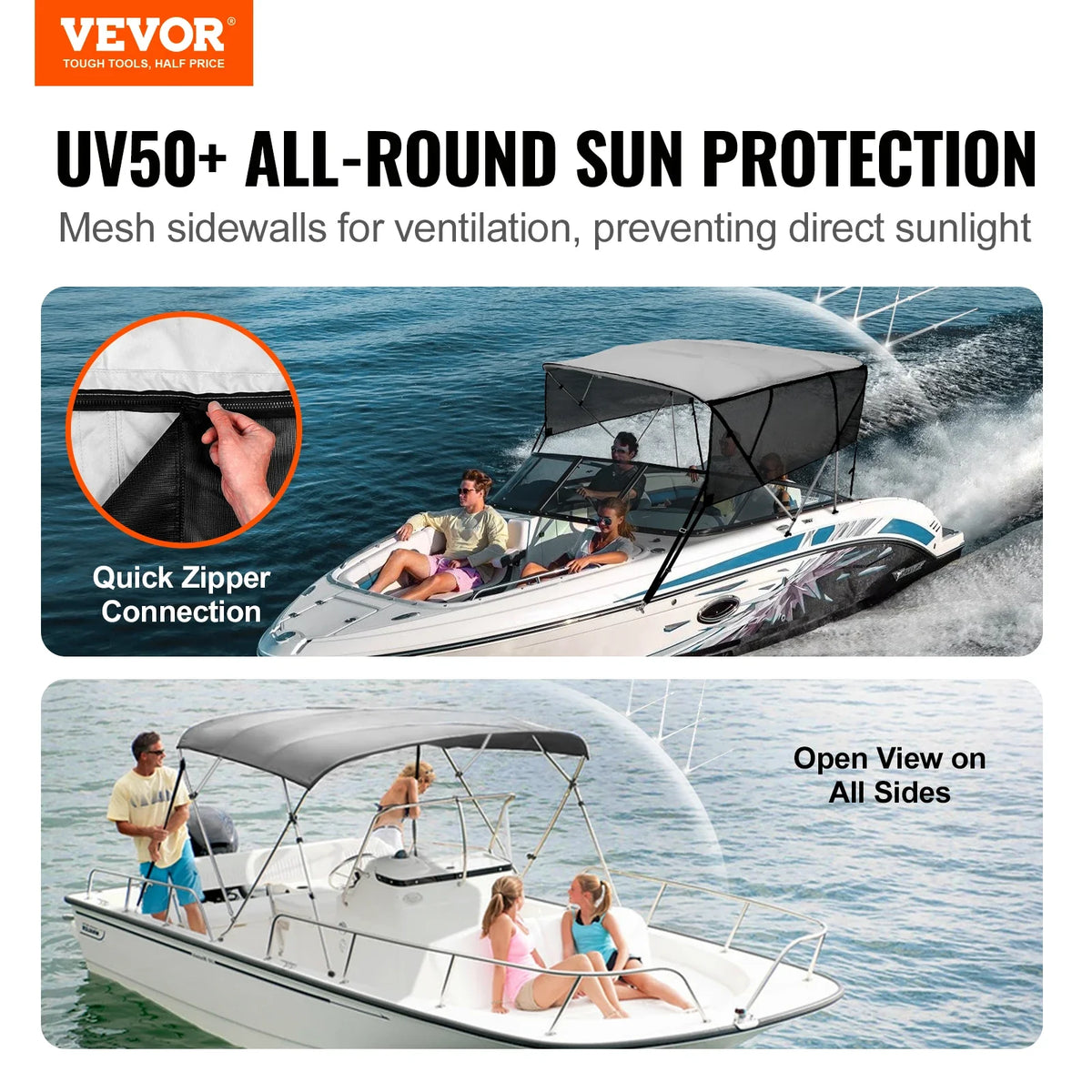 4 Bow Bimini Top Boat Cover Detachable Mesh Sidewalls 600D Polyester Canopy with Aluminum Alloy Frame Include Storage Boot