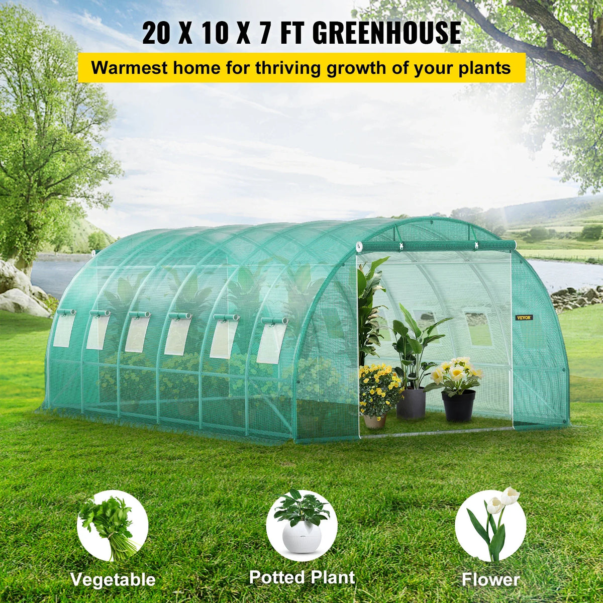 Walk-in Tunnel Greenhouse 20x10x7ft Portable Plant Green House W/Steel Hoops Essential for Plant to Resist Frost in Winter