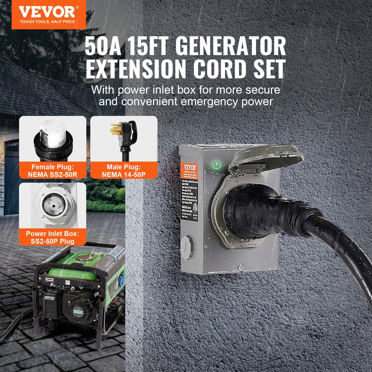 50Amp Generator Cord & Power Inlet Box Kit NEMA 14-50P/SS2-50R STW 6/3+8/1 AWG Power Cord with Twist Lock Connector for RV