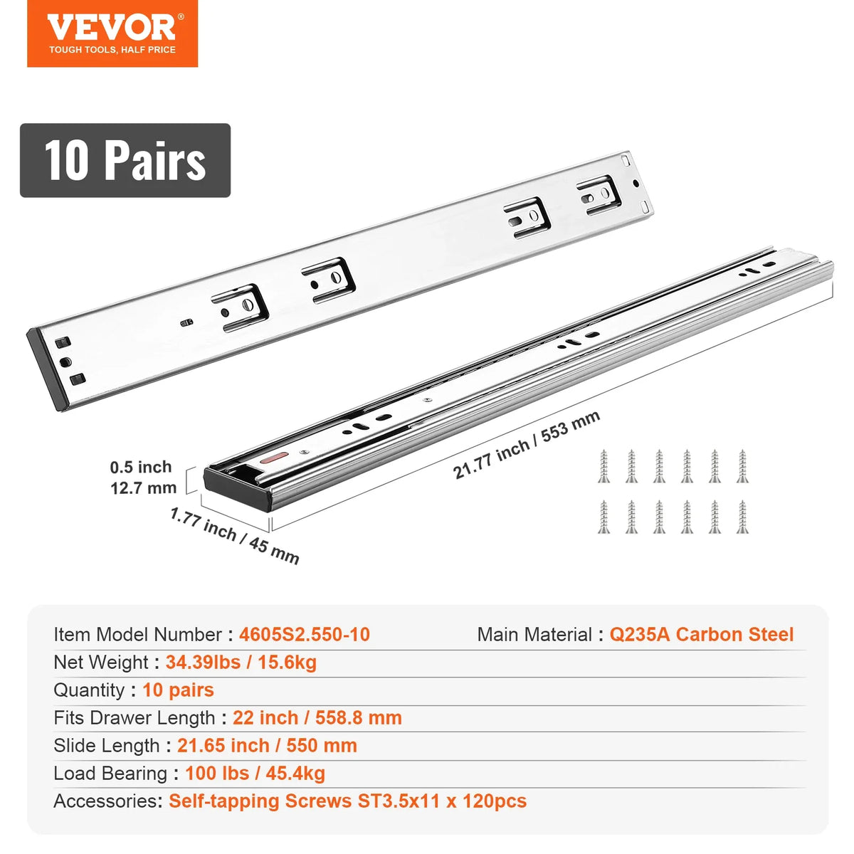Drawer Slides Side Mount Rails Heavy Duty Full Extension Steel Track Noiseless Guide Glides Cabinet 100 Lbs Load Capacity