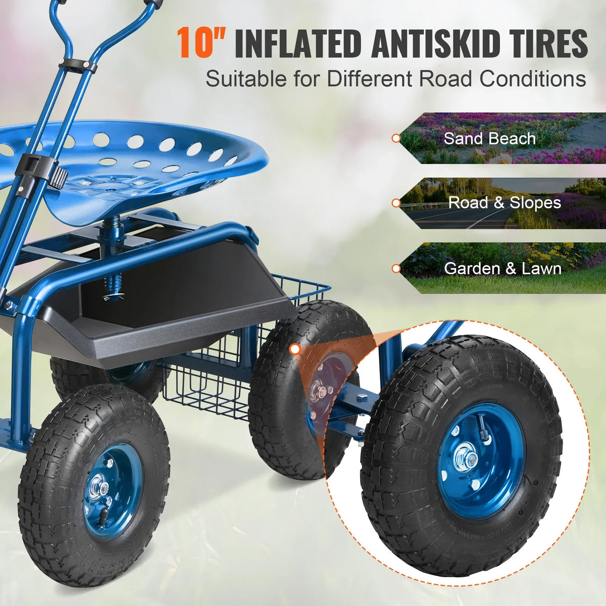 Garden Cart Rolling Workseat with Wheels Gardening Stool for Planting 360 Degree Swivel Seat Wagon Scooter with Steering